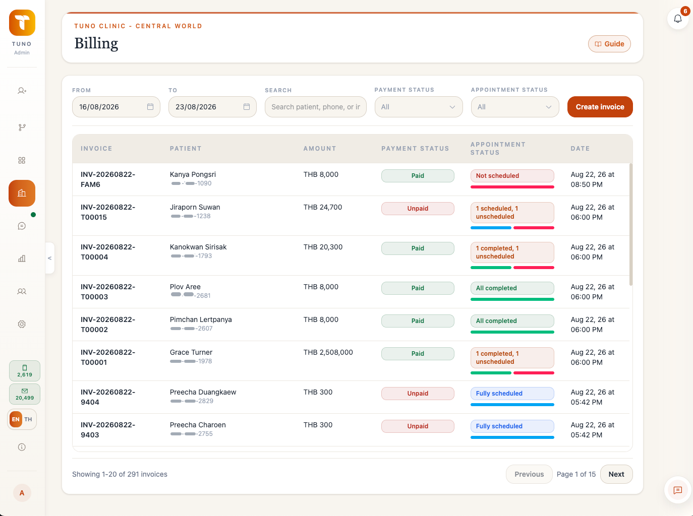 Tuno Billing workspace showing invoices, payments, and appointment status