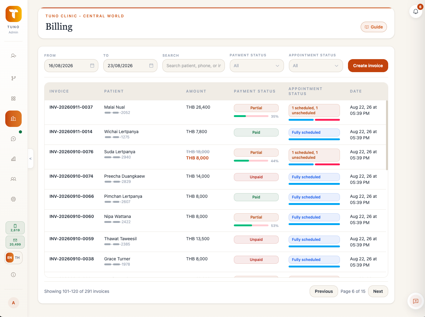 Tuno Billing workspace showing invoices, payment statuses, and appointment statuses