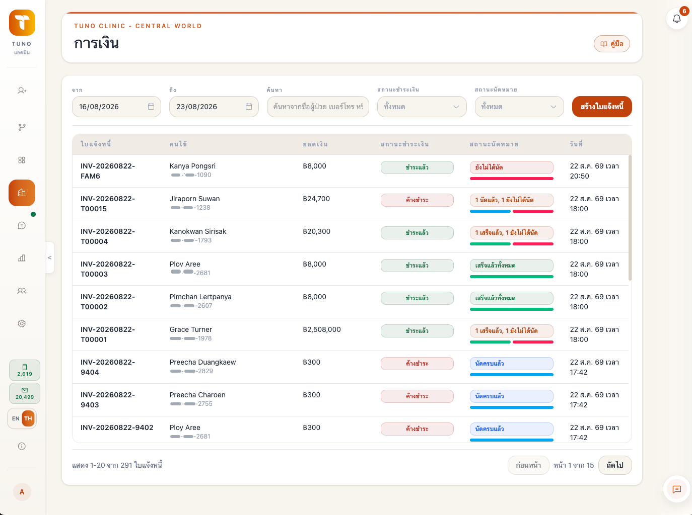 หน้าระบบ Billing ภาษาไทยของ Tuno แสดงบิล การชำระเงิน และสถานะนัดหมาย