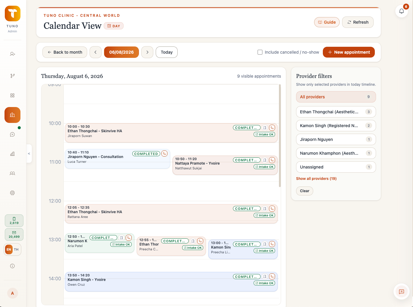 Tuno Calendar View showing a clinic day schedule, appointment statuses, and provider filters