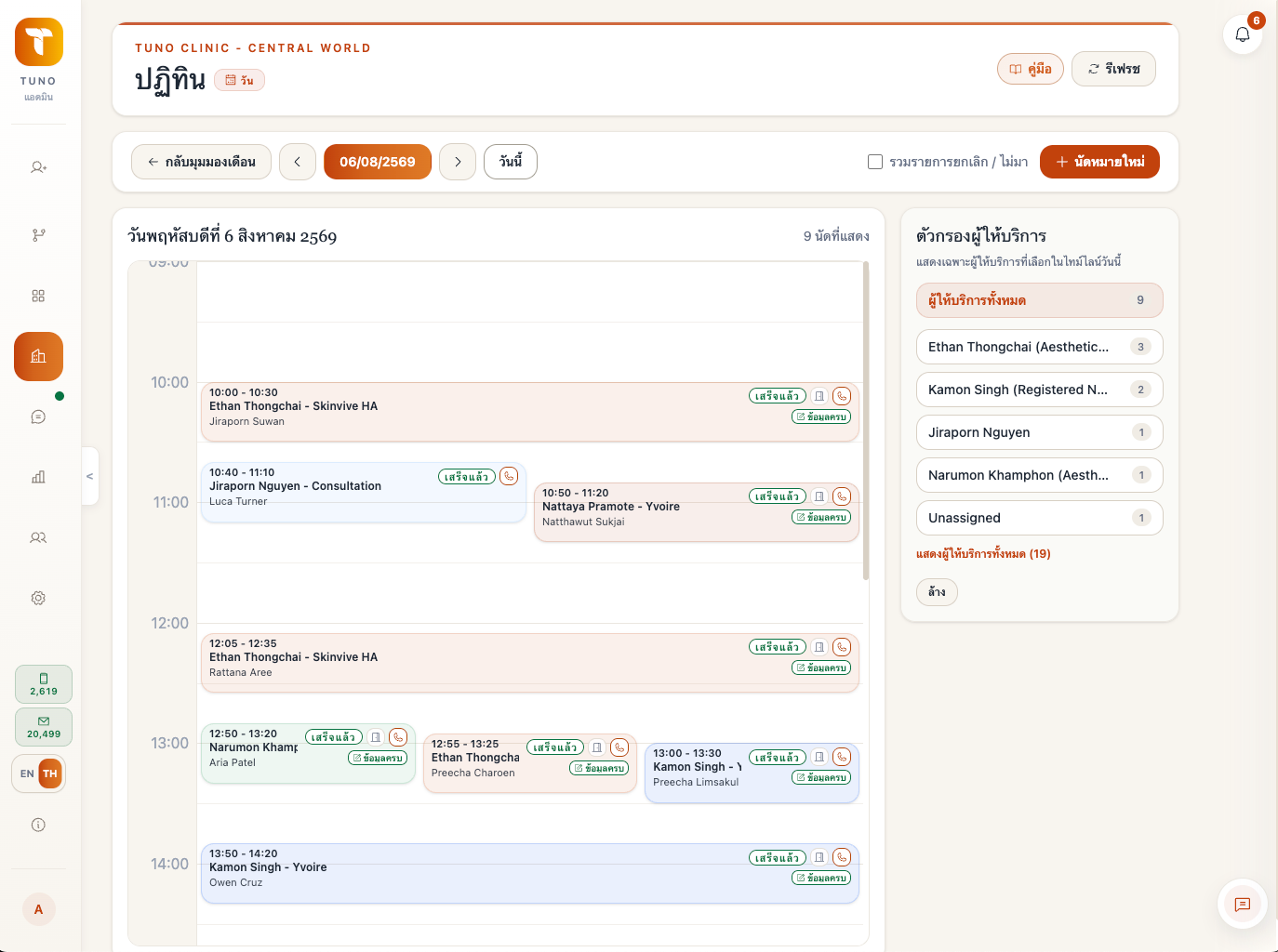 หน้าปฏิทินภาษาไทยของ Tuno แสดงตารางนัดหมายประจำวัน สถานะนัด และตัวกรองผู้ให้บริการ