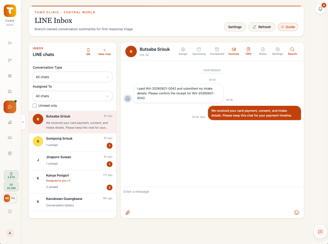 Tuno LINE Inbox showing branch-owned conversations, assignment filters, unread counts, and linked patient actions