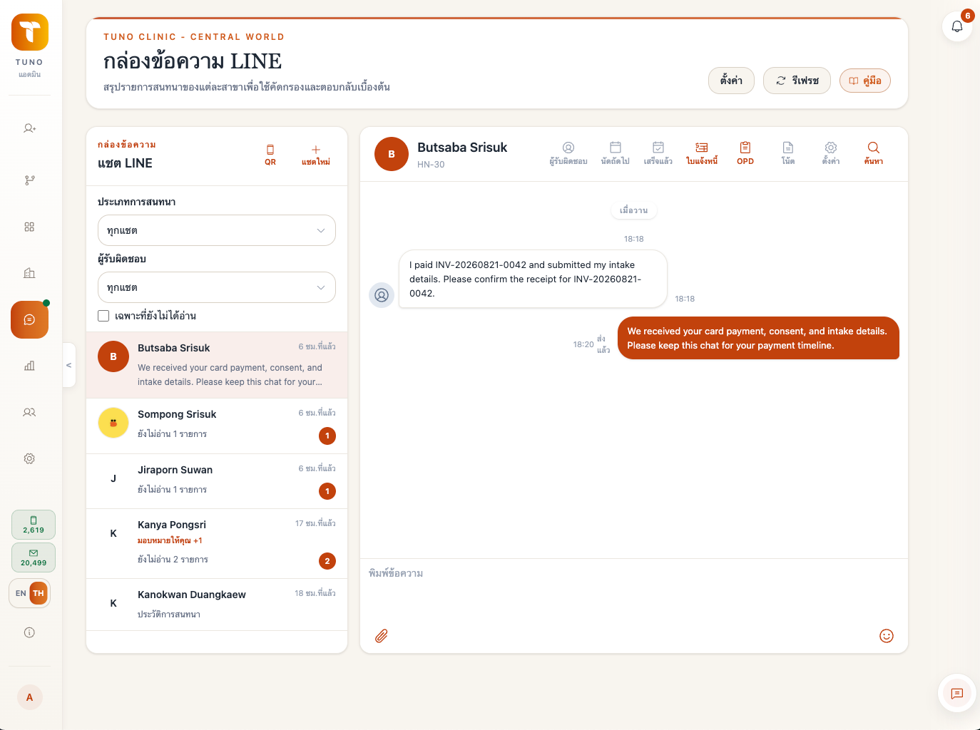 หน้า LINE Inbox ภาษาไทยของ Tuno แสดงบทสนทนาตามสาขา ตัวกรองการมอบหมาย จำนวนข้อความที่ยังไม่อ่าน และงานคนไข้ที่เชื่อมโยงกัน